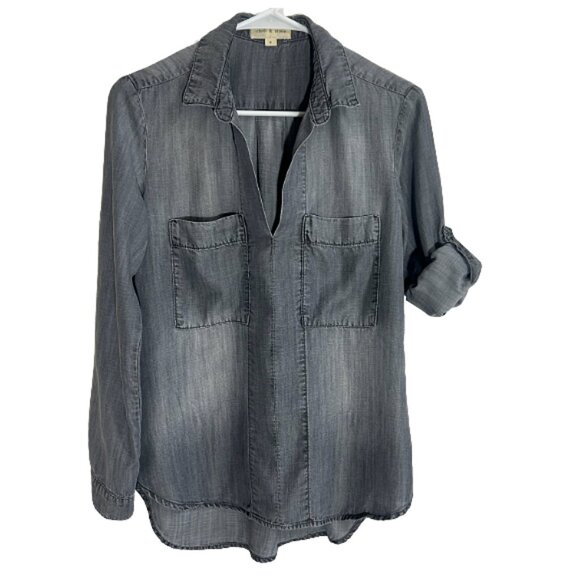 Anthropologie Cloth & Stone Chambray Gray Tencel Button Down Shirt Small - Picture 7 of 9